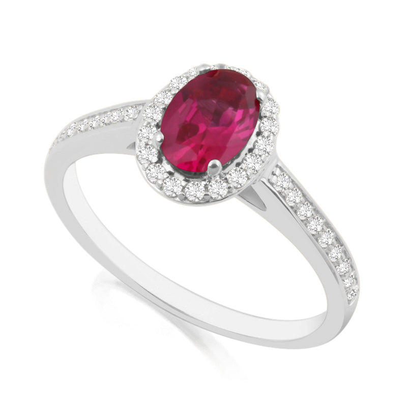 Oval Cut Ruby White Gold Ring with Shoulder & Halo Set Diamonds