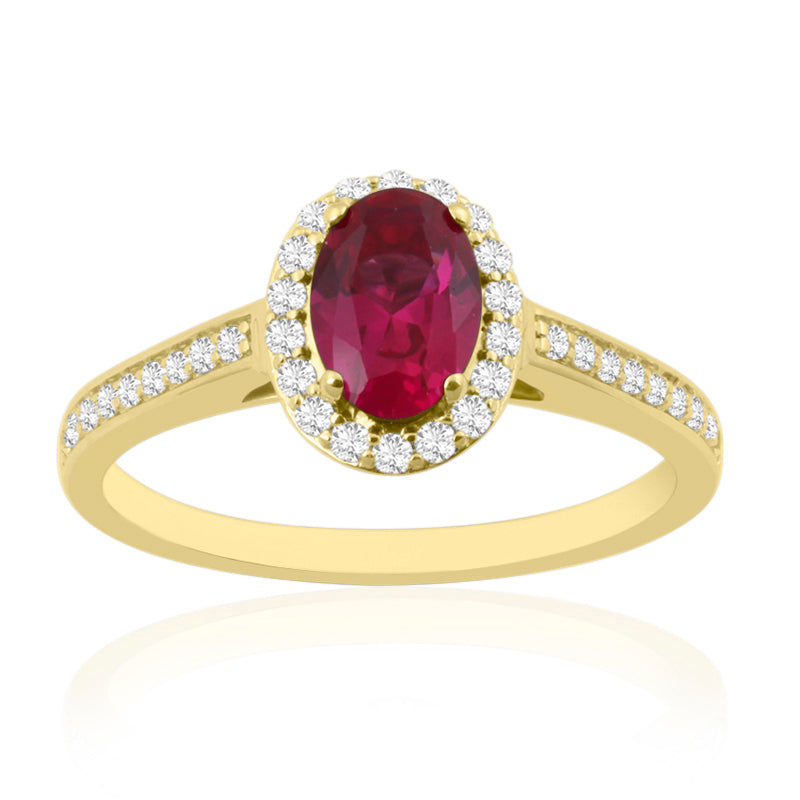 Oval Cut Ruby Yellow Gold Ring with Shoulder & Halo Set Diamonds