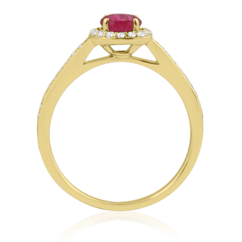 Oval Cut Ruby Yellow Gold Ring with Shoulder & Halo Set Diamonds