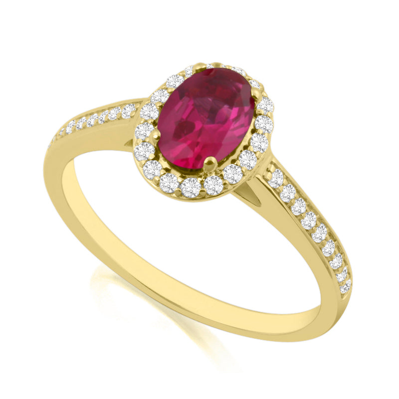 Oval Cut Ruby Yellow Gold Ring with Shoulder & Halo Set Diamonds