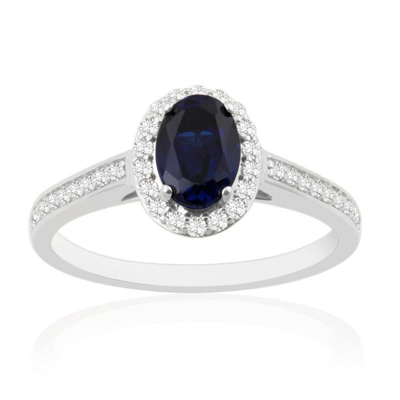 Oval Cut Sapphire White Gold Ring with Shoulder & Halo Set Diamonds