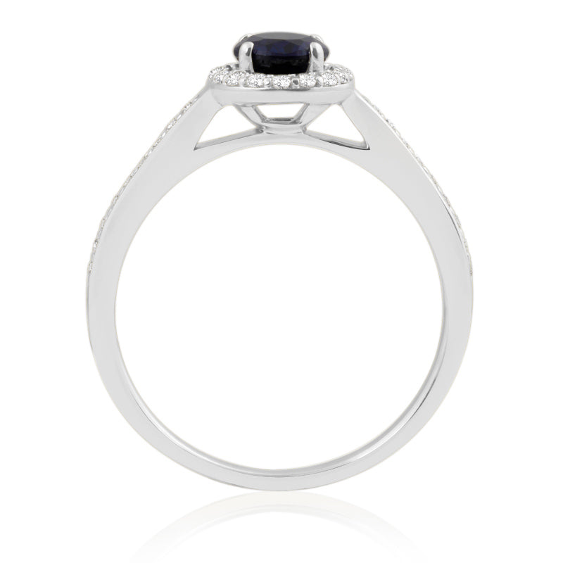 Oval Cut Sapphire White Gold Ring with Shoulder & Halo Set Diamonds