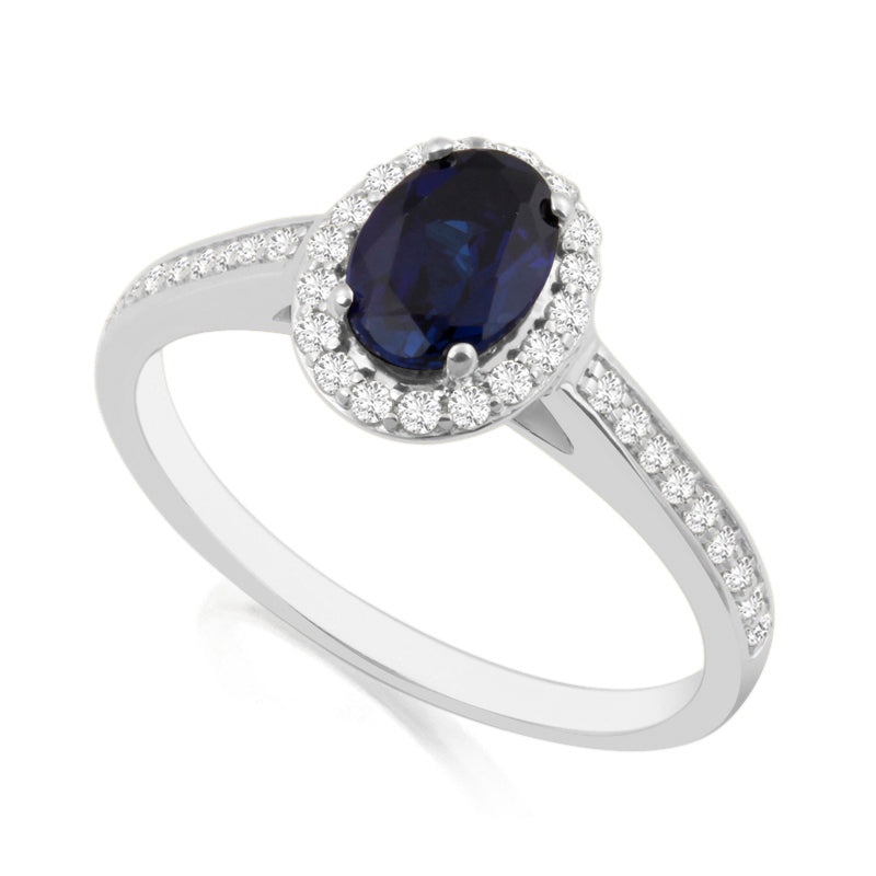 Oval Cut Sapphire White Gold Ring with Shoulder & Halo Set Diamonds