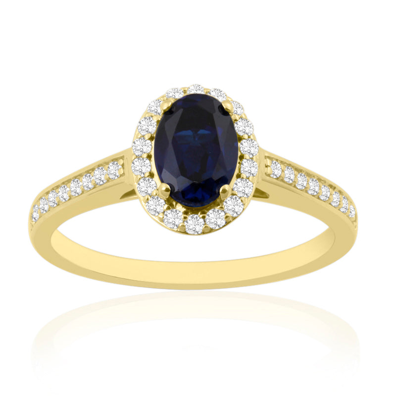 Oval Cut Sapphire Yellow Gold Ring with Shoulder & Halo Set Diamonds