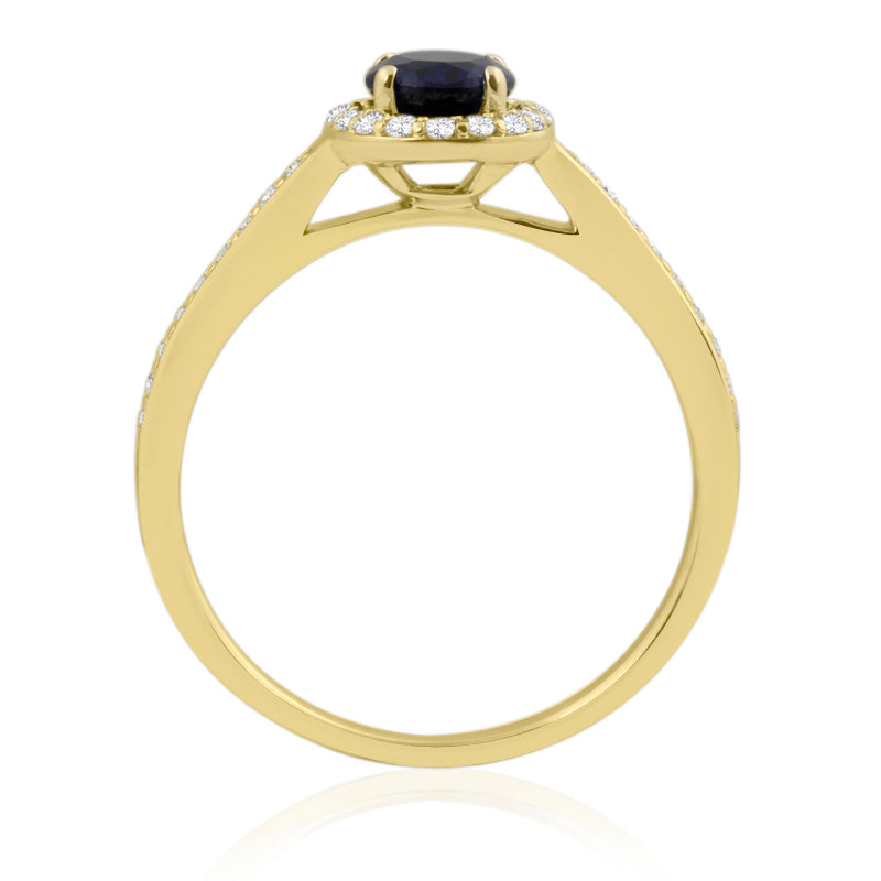 Oval Cut Sapphire Yellow Gold Ring with Shoulder & Halo Set Diamonds