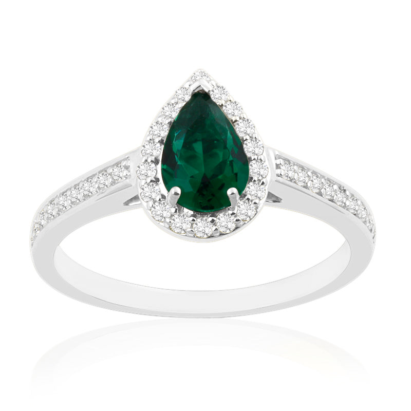 Pear Cut Emerald White Gold Ring with Shoulder & Halo Set Diamonds