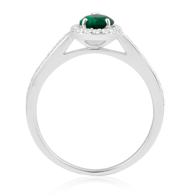 Pear Cut Emerald White Gold Ring with Shoulder & Halo Set Diamonds