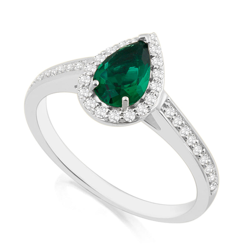 Pear Cut Emerald White Gold Ring with Shoulder & Halo Set Diamonds