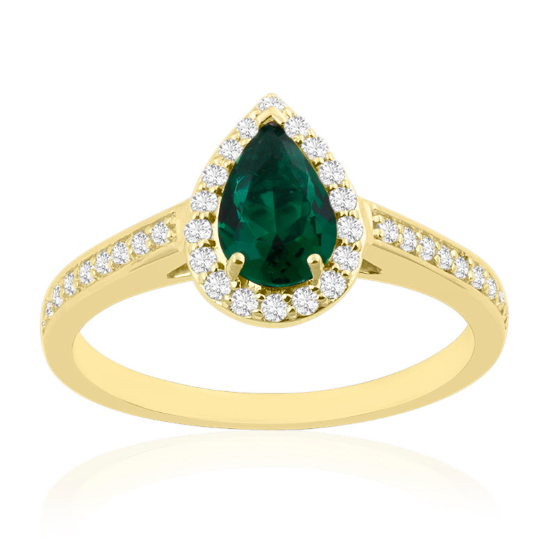 Pear Cut Emerald Yellow Gold Ring with Shoulder & Halo Set Diamonds