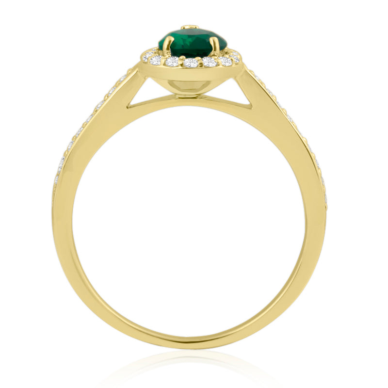 Pear Cut Emerald Yellow Gold Ring with Shoulder & Halo Set Diamonds