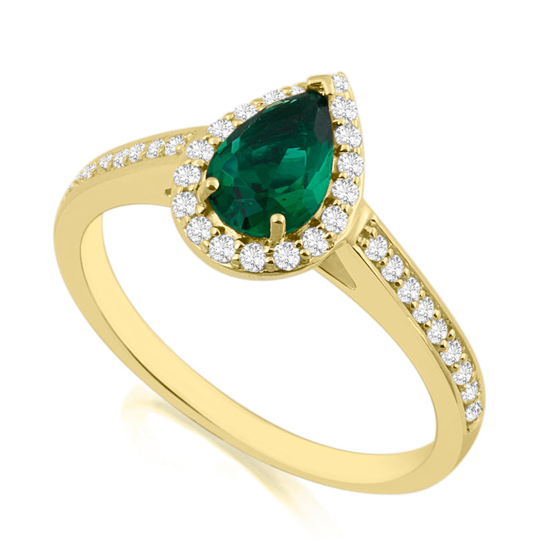 Pear Cut Emerald Yellow Gold Ring with Shoulder & Halo Set Diamonds