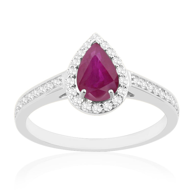 Pear Cut Ruby White Gold Ring with Shoulder & Halo Set Diamonds