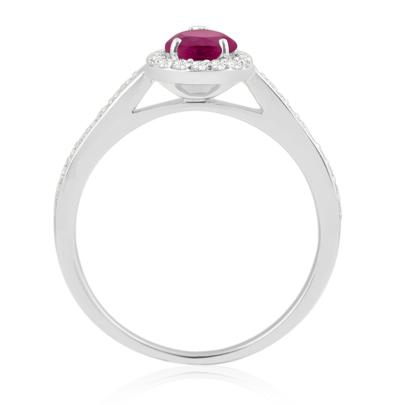 Pear Cut Ruby White Gold Ring with Shoulder & Halo Set Diamonds