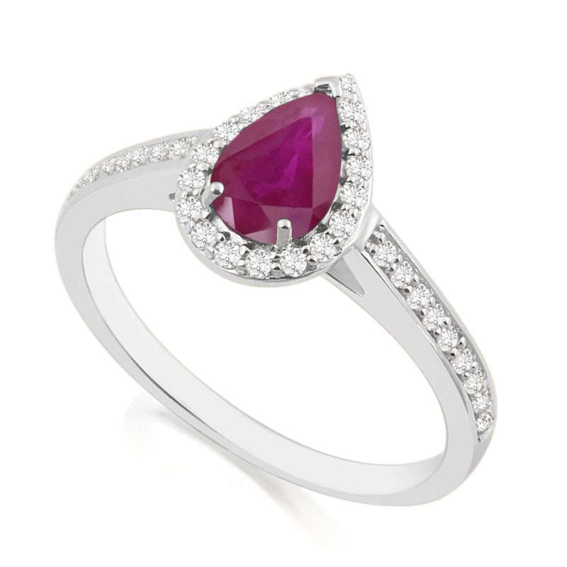 Pear Cut Ruby White Gold Ring with Shoulder & Halo Set Diamonds