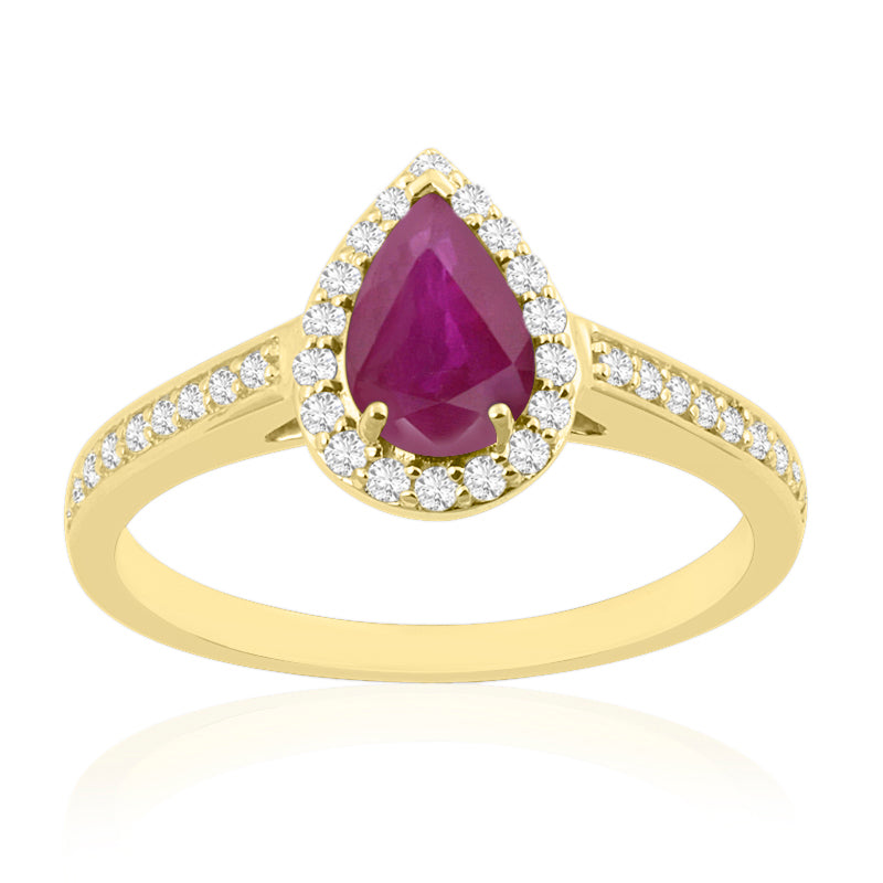 Pear Cut Ruby Yellow Gold Ring with Shoulder & Halo Set Diamonds