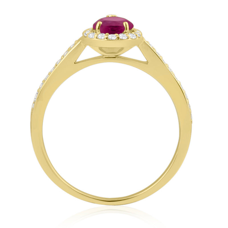 Pear Cut Ruby Yellow Gold Ring with Shoulder & Halo Set Diamonds