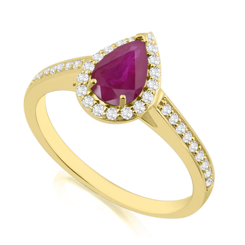 Pear Cut Ruby Yellow Gold Ring with Shoulder & Halo Set Diamonds