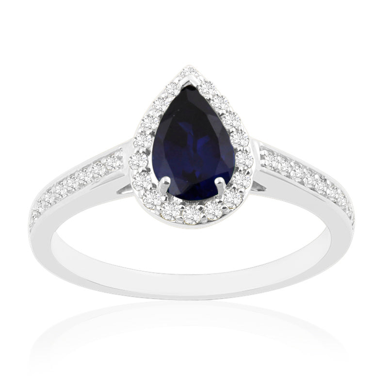 Pear Cut Sapphire White Gold Ring with Shoulder & Halo Set Diamonds