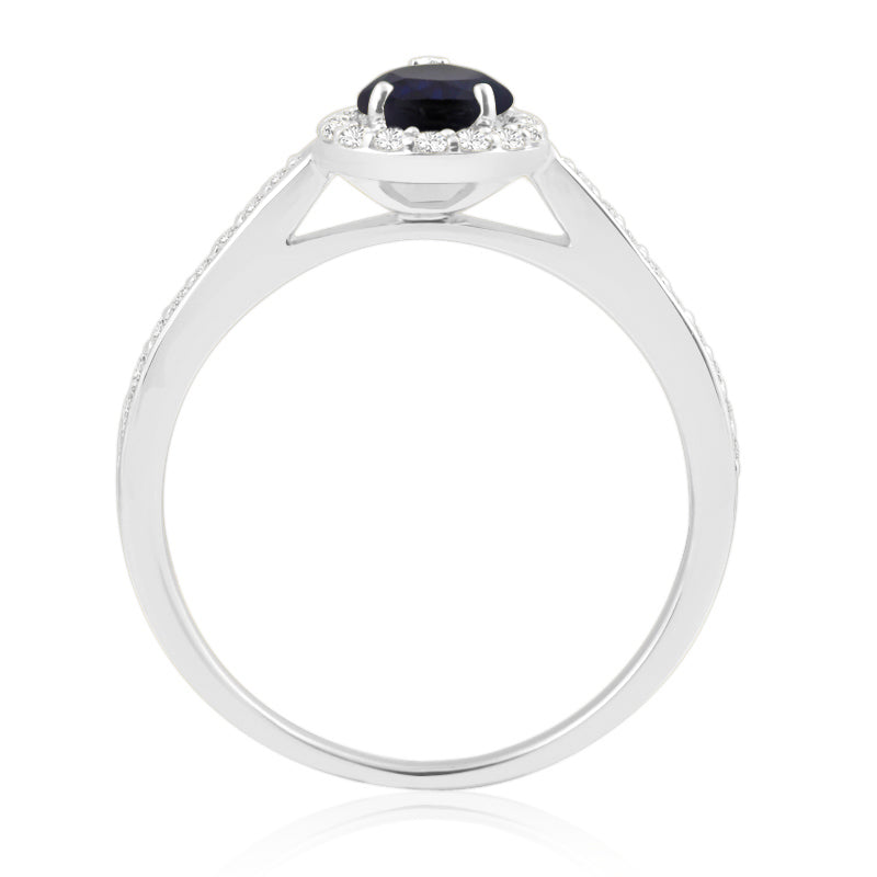 Pear Cut Sapphire White Gold Ring with Shoulder & Halo Set Diamonds