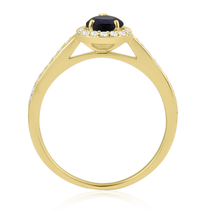 Pear Cut Sapphire Yellow Gold Ring with Shoulder & Halo Set Diamonds