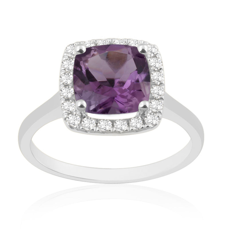 Princess Cut Amethyst White Gold Ring with Halo Set Diamonds