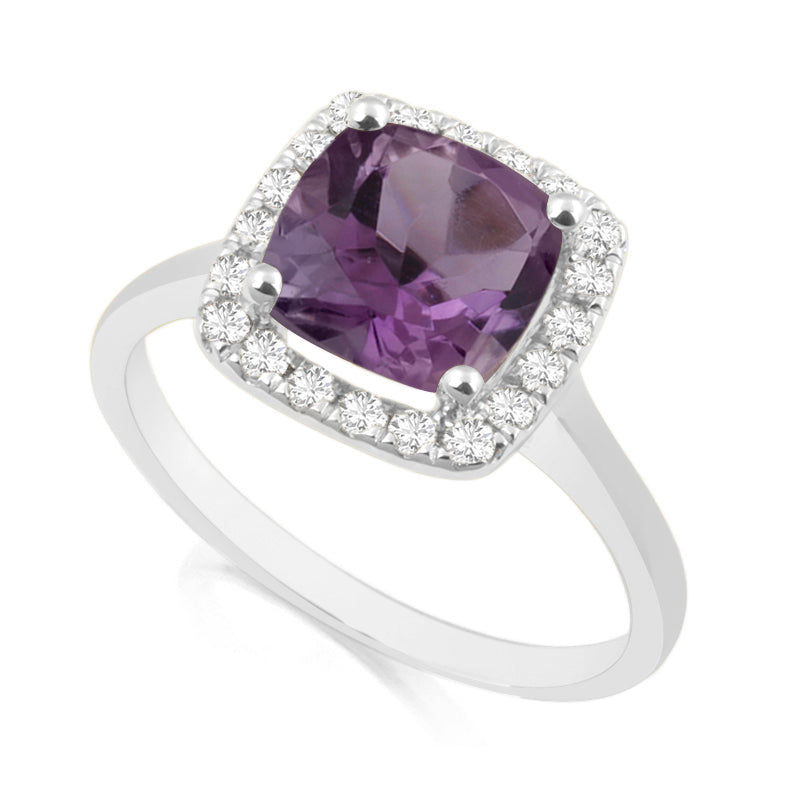 Princess Cut Amethyst White Gold Ring with Halo Set Diamonds