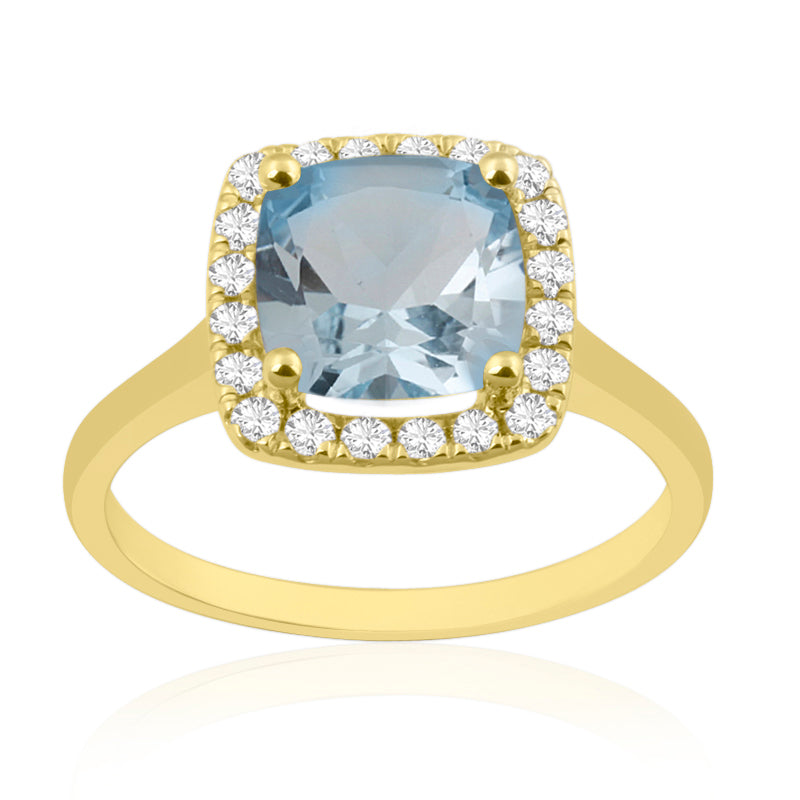 Princess Cut Blue Topaz Yellow Gold Ring with Halo Set Diamonds