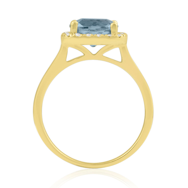 Princess Cut Blue Topaz Yellow Gold Ring with Halo Set Diamonds