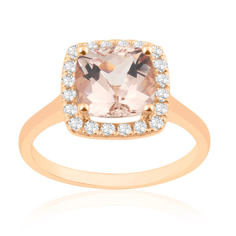 Princess Cut Morganite Rose Gold Ring with Halo Set Diamonds