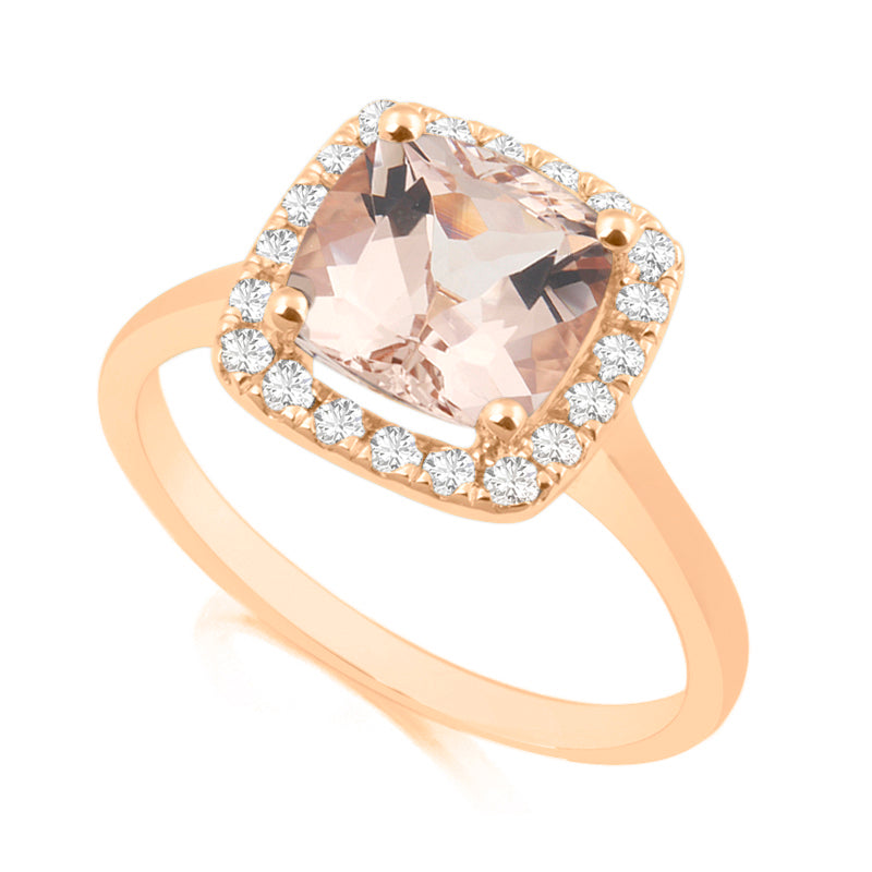 Princess Cut Morganite Rose Gold Ring with Halo Set Diamonds