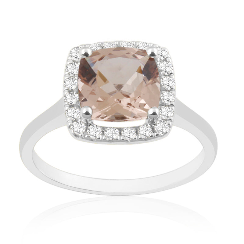 Princess Cut Morganite White Gold Ring with Halo Set Diamonds