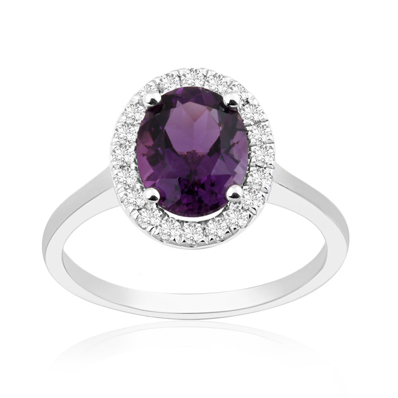Oval Cut Amethyst White Gold Ring with Halo Set Diamonds