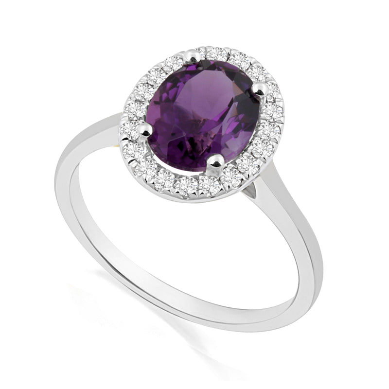 Oval Cut Amethyst White Gold Ring with Halo Set Diamonds