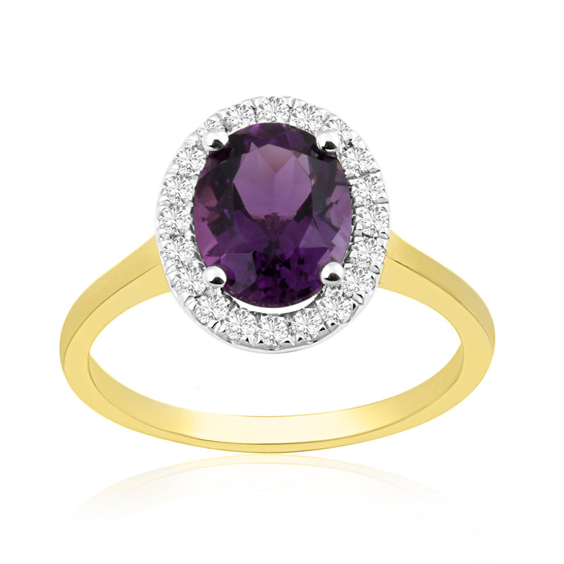 Oval Cut Amethyst Yellow Gold Ring with Halo Set Diamonds