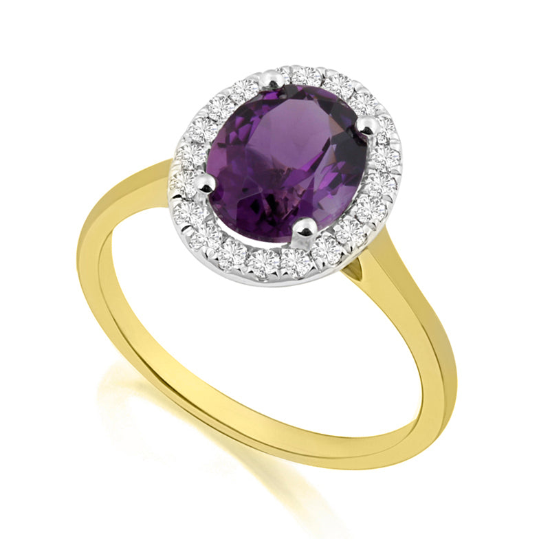 Oval Cut Amethyst Yellow Gold Ring with Halo Set Diamonds
