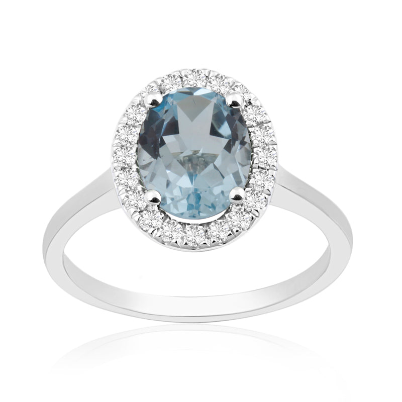 Oval Cut Blue Topaz White Gold Ring with Halo Set Diamonds