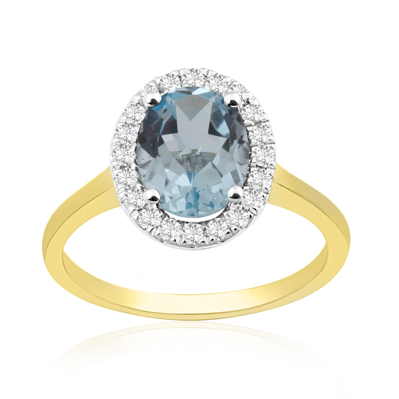Oval Cut Blue Topaz Yellow Gold Ring with Halo Set Diamonds