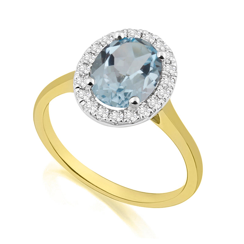 Oval Cut Blue Topaz Yellow Gold Ring with Halo Set Diamonds