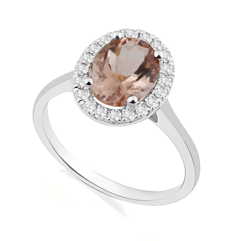 Halo Ring | White Gold, Oval Morganite & Round Diamonds