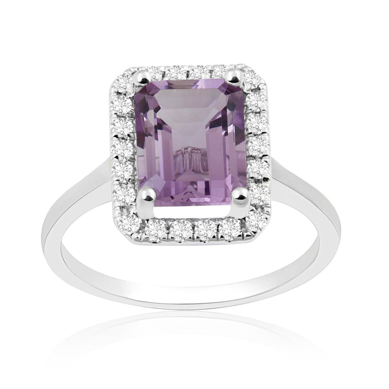 Emerald Cut Amethyst White Gold Ring with Halo Set Diamonds
