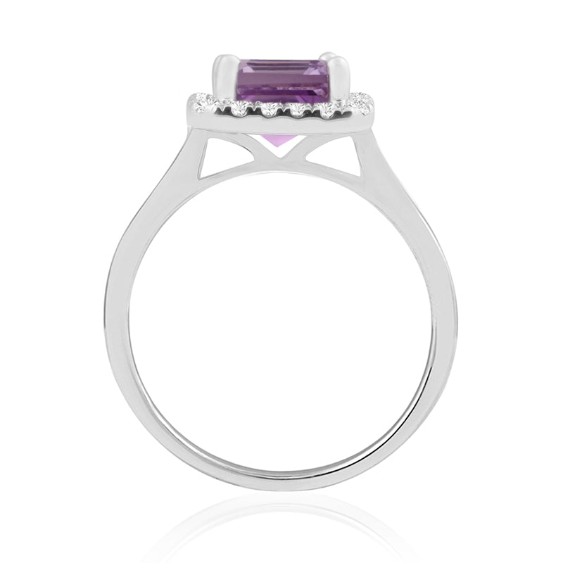 Emerald Cut Amethyst White Gold Ring with Halo Set Diamonds