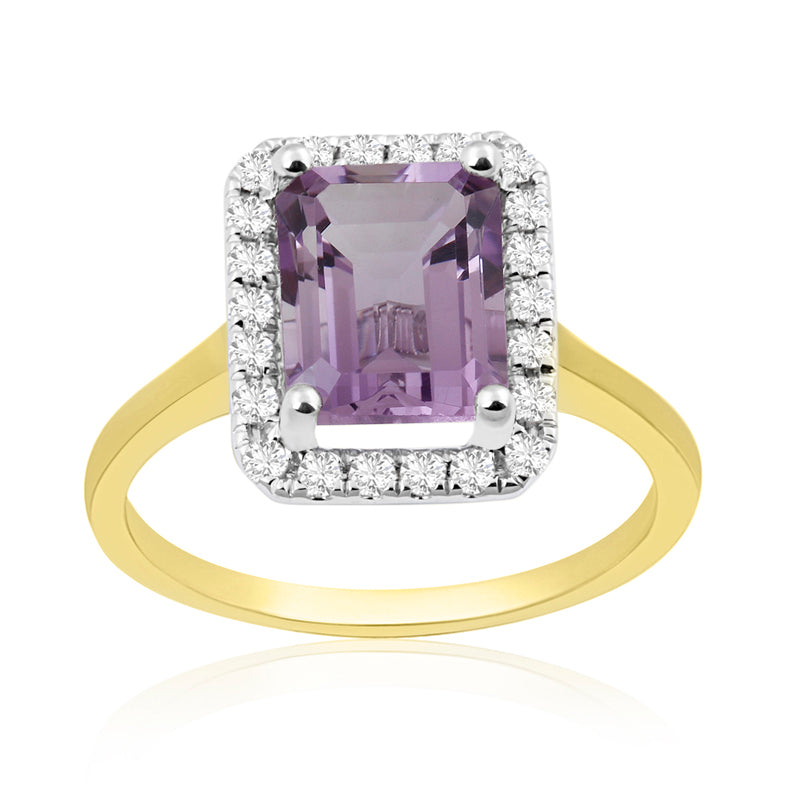 Emerald Cut Amethyst Yellow Gold Ring with Halo Set Diamonds