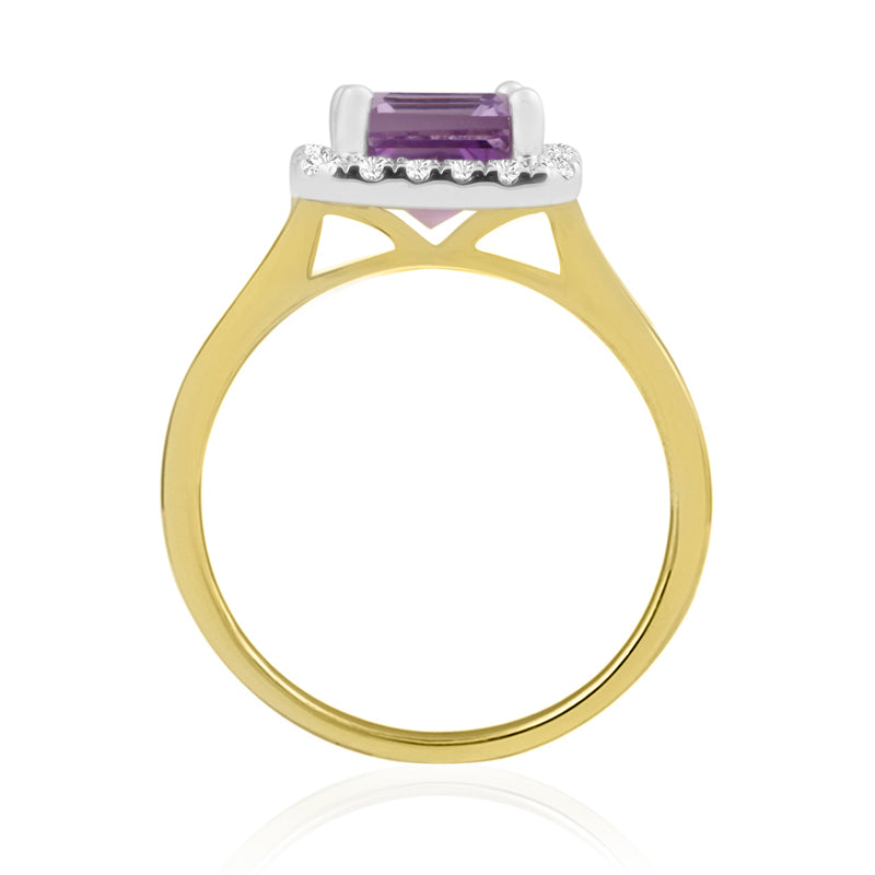 Emerald Cut Amethyst Yellow Gold Ring with Halo Set Diamonds