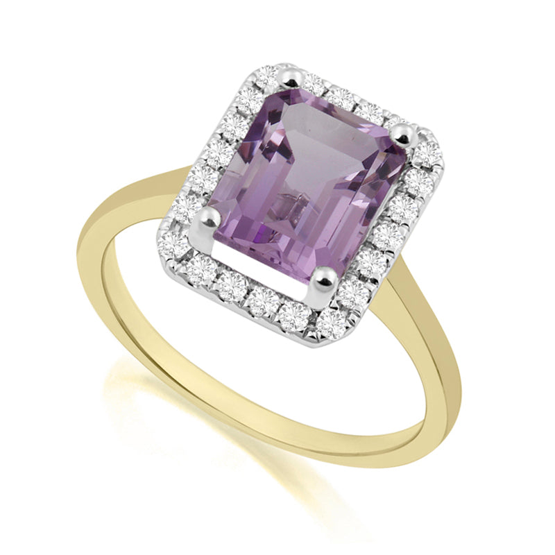 Emerald Cut Amethyst Yellow Gold Ring with Halo Set Diamonds