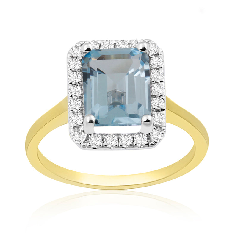 Emerald Cut Blue Topaz Yellow Gold Ring with Halo Set Diamonds