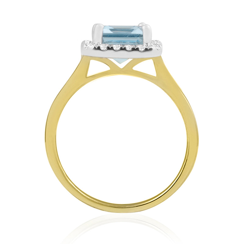 Emerald Cut Blue Topaz Yellow Gold Ring with Halo Set Diamonds