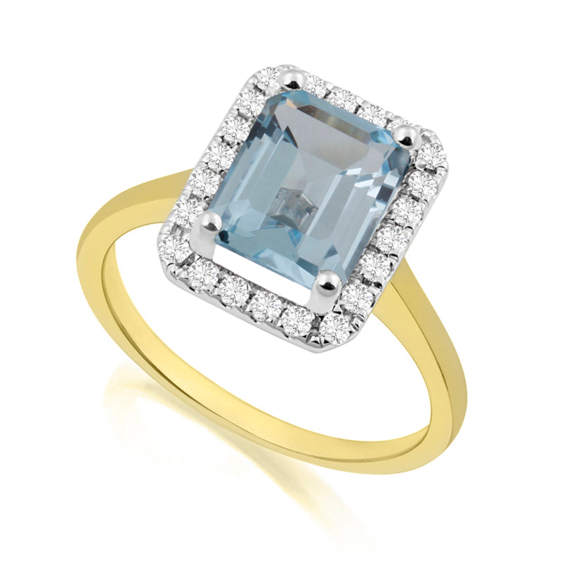 Emerald Cut Blue Topaz Yellow Gold Ring with Halo Set Diamonds