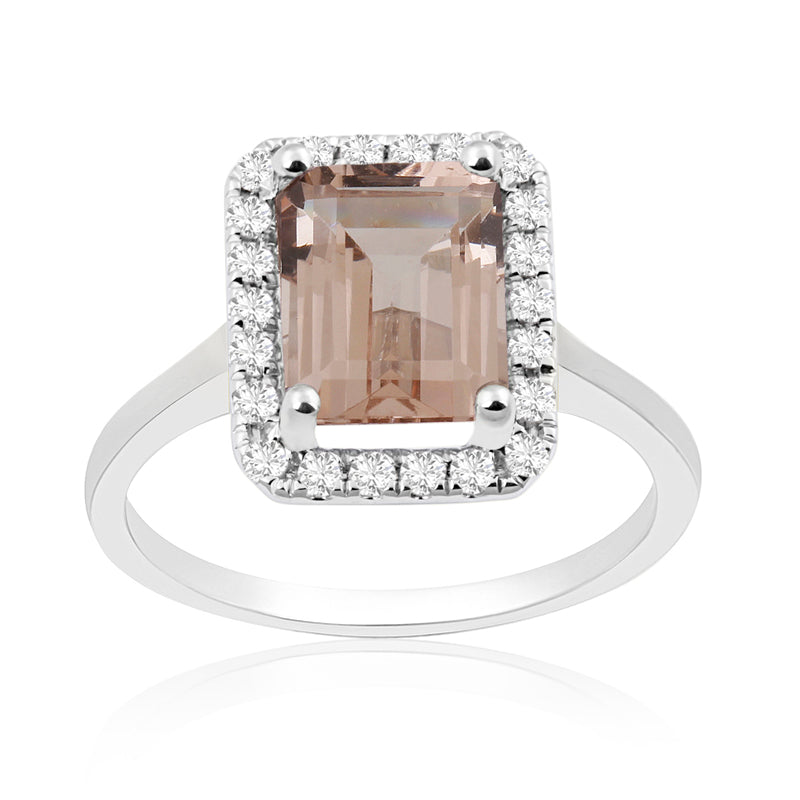 Emerald Cut Morganite White Gold Ring with Halo Set Diamonds