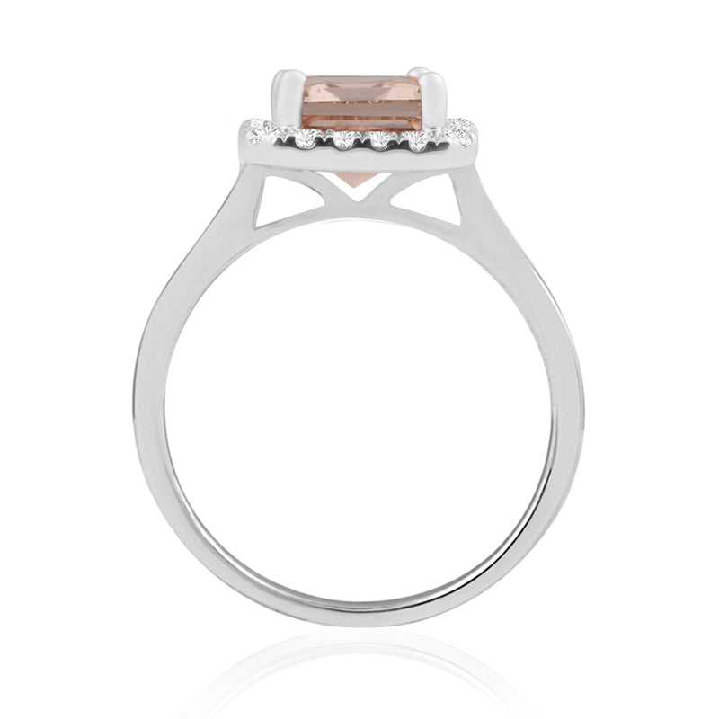 Emerald Cut Morganite White Gold Ring with Halo Set Diamonds