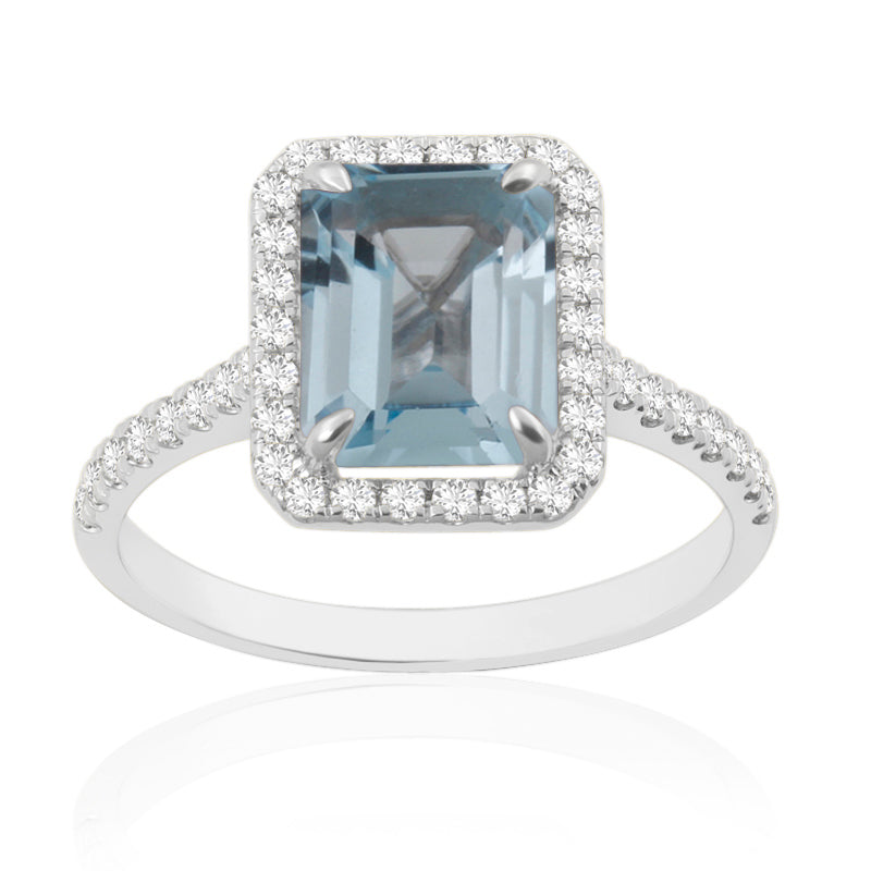 Blue Topaz Ring with Diamond Set Halo & Shoulders